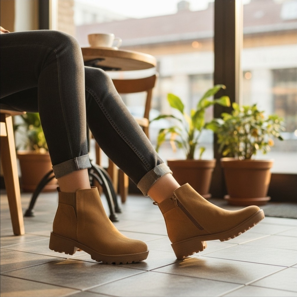 Sun + Stone Faux Microsuede Chelsea Zip On Lug Boots Booties - 7 M Camel Beige